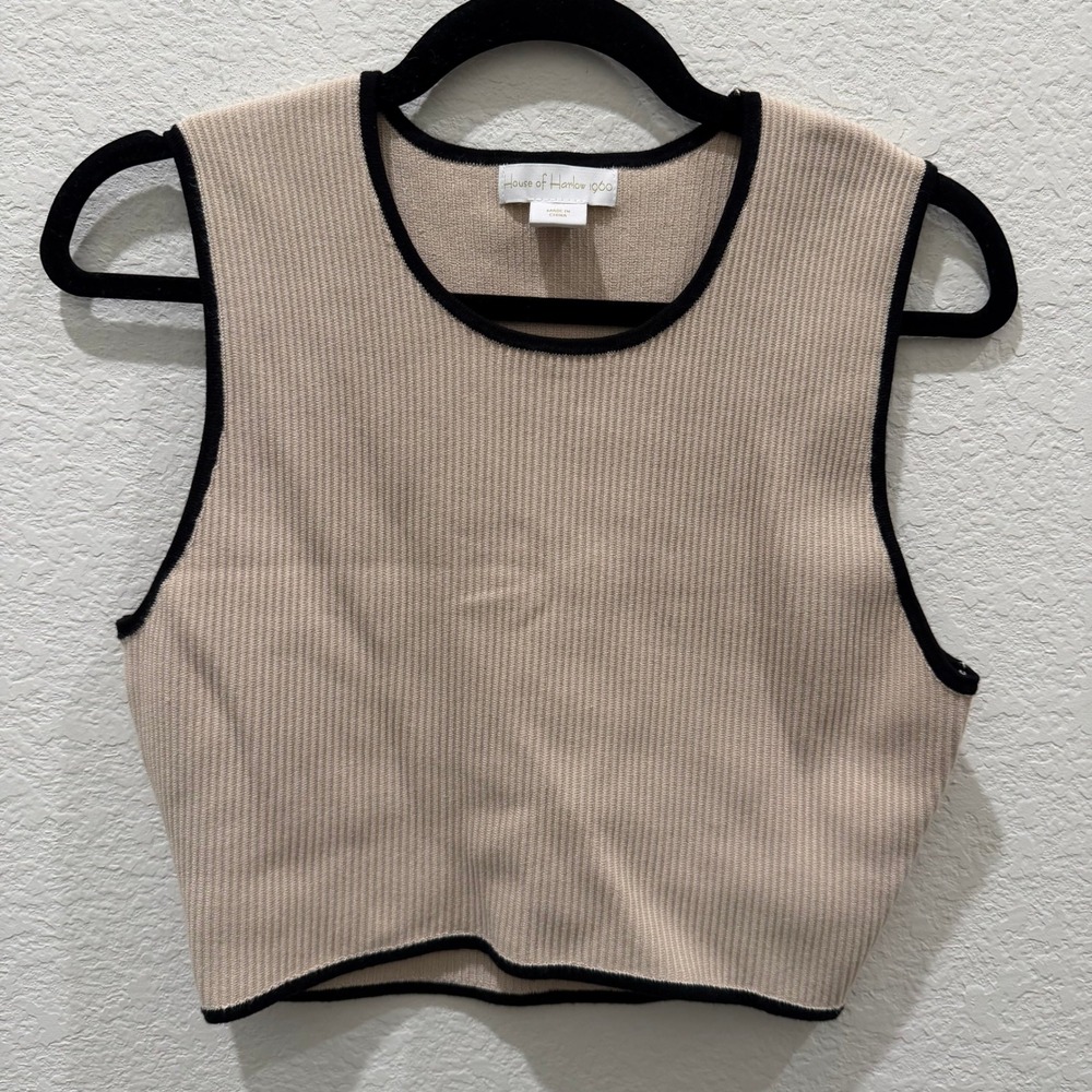 House of Harlow 1960 Tan Ribbed Knit Contrast Trim Crop Tank Top Large